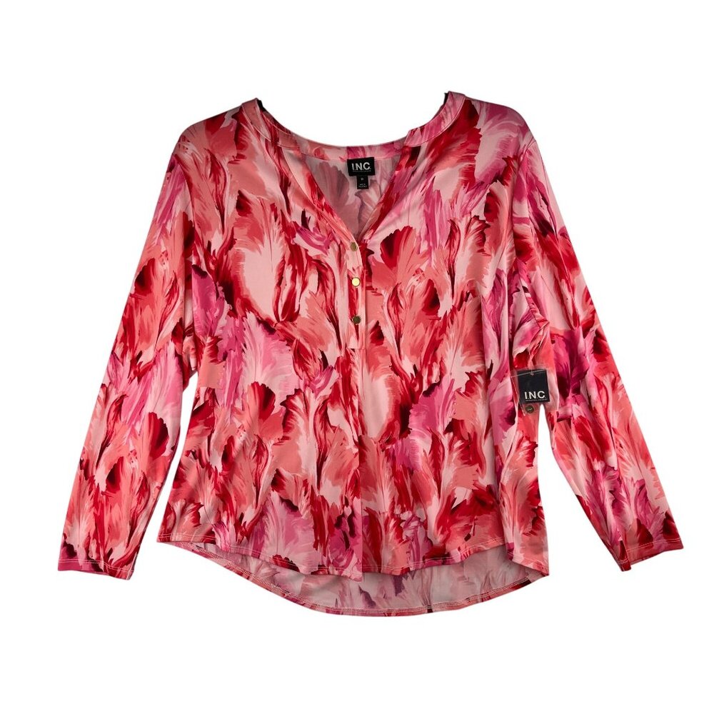 I.N.C. Womens 1X Long Sleeve Pink Red Feather Print Blouse